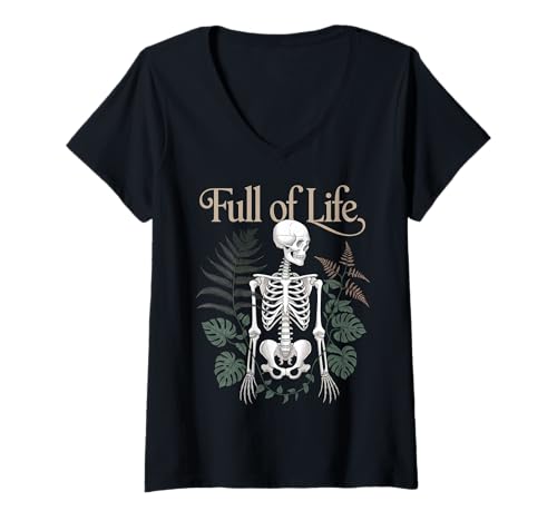 Damen Skelett Botanischer Humor Pflanzen Gothic T-Shirt mit V-Ausschnitt von Dunkle Ästhetik Floral Geschenk Skelett