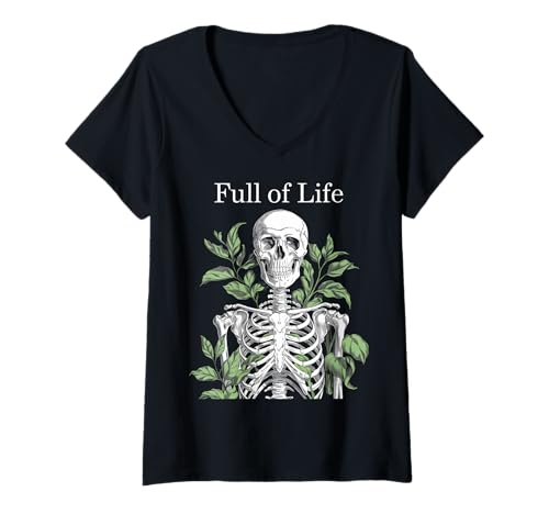 Damen Skelett Botanischer Humor Pflanzen Gothic T-Shirt mit V-Ausschnitt von Dunkle Ästhetik Floral Geschenk Skelett