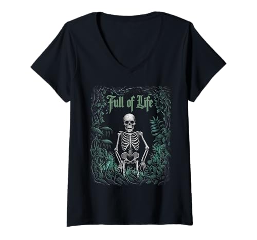 Damen Skelett Botanischer Humor Pflanzen Gothic T-Shirt mit V-Ausschnitt von Dunkle Ästhetik Pflanzen Geschenk Skelett