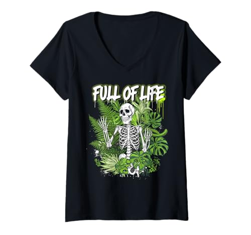 Damen Skelett Botanischer Humor Pflanzen Gothic T-Shirt mit V-Ausschnitt von Dunkle Ästhetik Pflanzen Geschenk Skelett