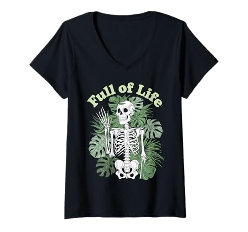 Damen Skelett Botanischer Humor Pflanzen Gothic T-Shirt mit V-Ausschnitt von Dunkle Ästhetik Pflanzen Geschenk Skelett
