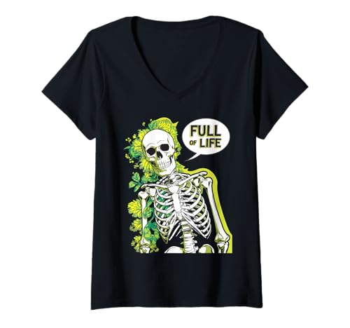 Damen Skelett Botanischer Humor Pflanzen Gothic T-Shirt mit V-Ausschnitt von Dunkle Ästhetik Pflanzen Geschenk Skelett