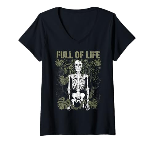 Damen Skelett Botanischer Humor Pflanzen Gothic T-Shirt mit V-Ausschnitt von Dunkle Ästhetik Pflanzen Geschenk Skelett