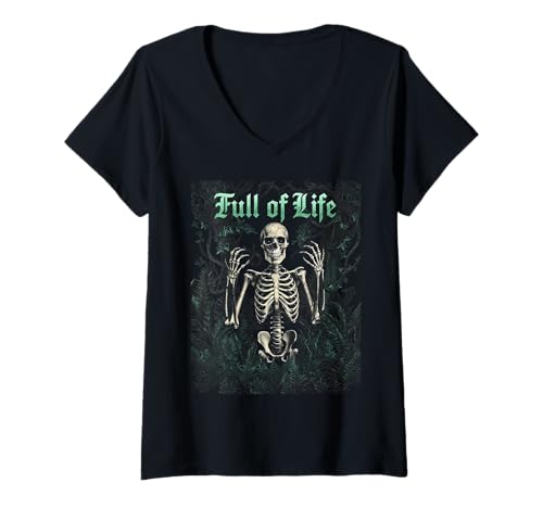 Damen Skelett Botanischer Humor Pflanzen Gothic T-Shirt mit V-Ausschnitt von Dunkle Ästhetik Pflanzen Geschenk Skelett