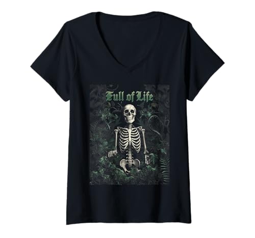 Damen Skelett Botanischer Humor Pflanzen Gothic T-Shirt mit V-Ausschnitt von Dunkle Ästhetik Pflanzen Geschenk Skelett