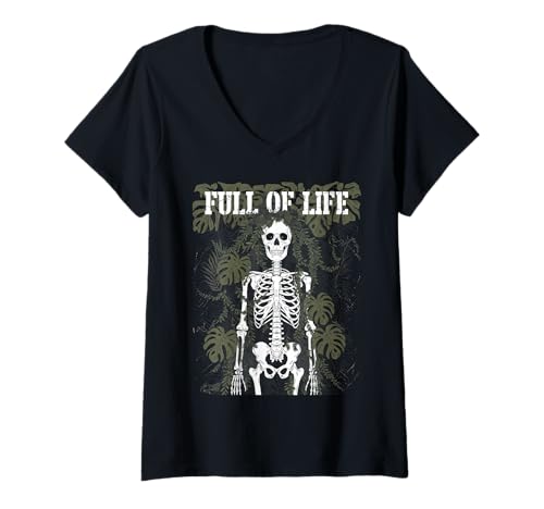 Damen Skelett Botanischer Humor Pflanzen Gothic T-Shirt mit V-Ausschnitt von Dunkle Ästhetik Pflanzen Geschenk Skelett
