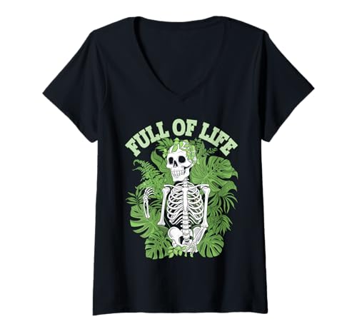 Damen Skelett Botanischer Humor Pflanzen Gothic T-Shirt mit V-Ausschnitt von Dunkle Ästhetik Pflanzen Geschenk Skelett