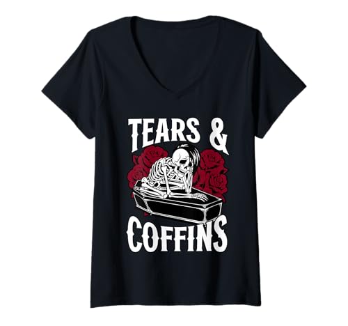 Damen Tränen Und Särge Emo Gothic Skelett Ästhetik T-Shirt mit V-Ausschnitt Damen Tränen Und Särge Emo Gothic Skelett Ästhetik T-Shirt mit V-Ausschnitt von Dunkle Emo Goth Skelett Rosen Sarg Kunst