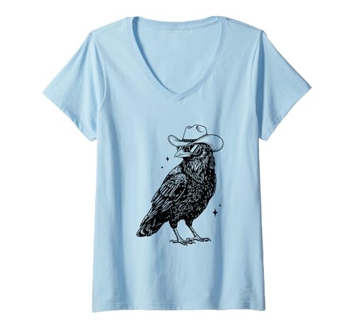 Damen Cowboy Rabe – Rabe mit Cowboyhut – Western Krähe T-Shirt mit V-Ausschnitt von Dunkle Federn Apparel