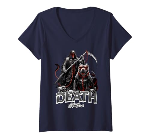 Damen Death Stalker Sensenmann Hund Kette Horror Nacht T-Shirt mit V-Ausschnitt Damen Death Stalker Sensenmann Hund Kette Horror Nacht T-Shirt mit V-Ausschnitt von Dunkler Krieger Schädel Hund Angst Stil