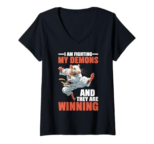 Damen I Am Fighting My Demons and They Are Winning - T-Shirt mit V-Ausschnitt von Dunkler Witz lustige Sprüche