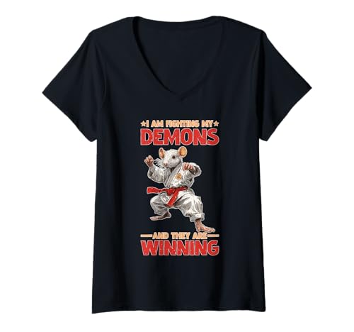 Damen I Am Fighting My Demons and They Are Winning T-Shirt mit V-Ausschnitt von Dunkler Witz lustige Sprüche