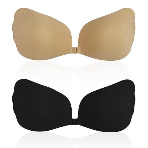 Dunkwckore Sujetador Sin Tirantes, 2 Pack Sujetador Push Up Invisible Espalda Descubierta, Strapless Sujetador Adhesivo para CóModo Respirable Reutilizable SostéN para Vestido y Boda - C von Dunkwckore