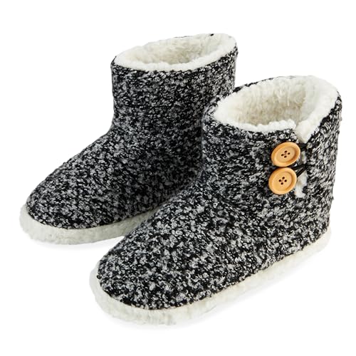 DUNLOP Hausschuhe Damen Winter, Flauschige Hausschuhe Damen Plüsch Bootie Slippers mit Memory Foam und rutschfester Sohle (Schwarz Marl, 37 EU) von DUNLOP