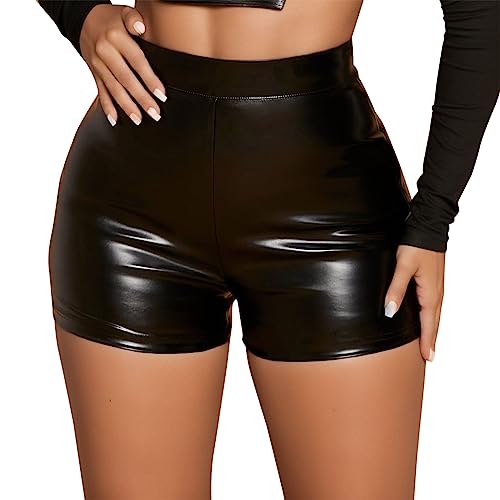 Damen Hot-Pants Wetlook Faux PU Shorts Panty Glossy Metallic Rave Tanz PU Leder Look Kurze Hose Schwarz Rot Silber Golden Frauen Clubs Kneipen Nachtclubs Party Kunstleder Hohe Taille Sexy Hotpants von Duohropke