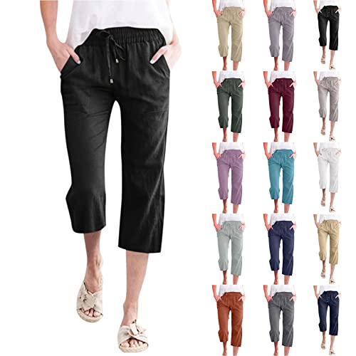 Duohropke 3/4 Hose Damen Sommer Musselin Hose Leinenhose Sommerhose Leicht Caprihose Stretch Straight Leg Freizeithose High Waist Leinen Stoffhose Casual Baumwolle Leinen Strandhose von Duohropke