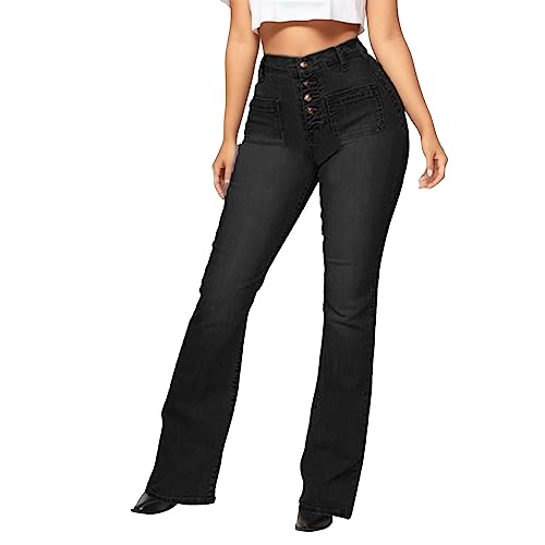 Duohropke 90er Jahre Vintage Knopfleiste Hohe Taille Ausgestelltes Bein Jeans New Skinny Bell Bottom Jeans für Damen High Waist Pull-on Stretch Denim Schlagjeans von Duohropke