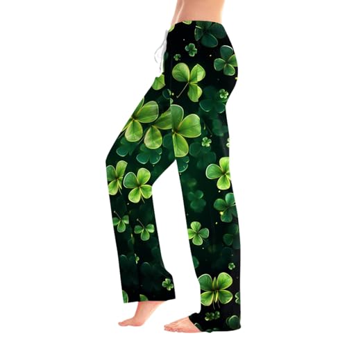 Duohropke Auslaufbar Hose Damen Hohe Taille Bauch Hosen Sweatpants Baggy Casual Kleeblatt Druck Hose Bequem Weich Jogger mit Kordelzug Outdoor Weites Bein Hose von Duohropke