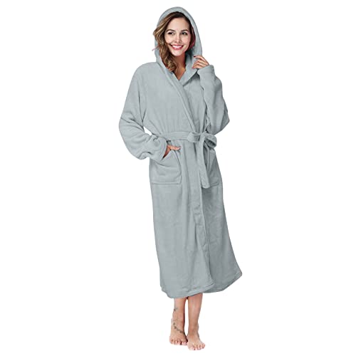 Duohropke Bademantel Damen Kapuze Baumwolle Fleece Warm Kimono Lange Flauschig Hausmantel Leicht Mit Taschen Kuschelige Unisex Bademantel Robe Morgenmantel Saunamantel von Duohropke