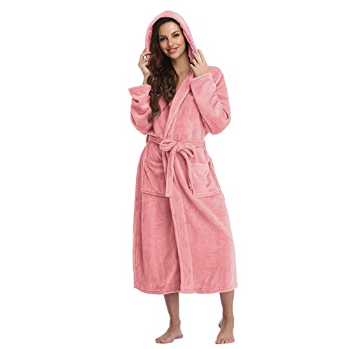 Duohropke Bademantel Damen Kapuze Baumwolle Fleece Warm Kimono Lange Flauschig Hausmantel Leicht Mit Taschen Kuschelige Unisex Bademantel Robe Morgenmantel Saunamantel von Duohropke