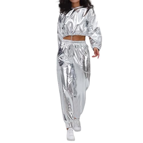 Duohropke Damen 2-Teilig Glänzende Metallic Trainingsanzug Metallisch Oberteil Top Hoodie Sweathose Glitter Disco Hosenanzug Hip Hop Karneval Disco Tanz Outfits von Duohropke