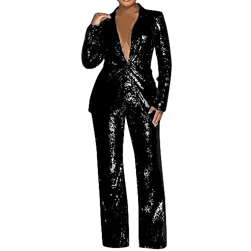 Duohropke Damen Anzüge Set Pailletten 2 Stück Hosen Set Kerbe Revers Slim Fit Formale Anzüge Damen Smoking Anzug Pailletten Sets von Duohropke