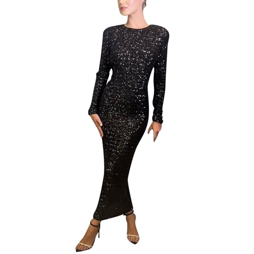 Duohropke Damen Festliche Glitzer Kleid Rückenfrei Paillettenkleid mit Rüschen Langarm 50s Vintage Retro Rockabilly Kleid Bodycon Kleid Elegant Bleistiftkleid Etuikleid von Duohropke
