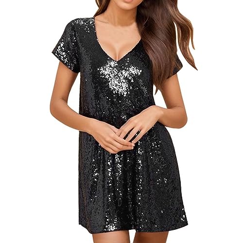 Duohropke Damen Glänzend gestufte Mini Kleid Pailletten Hemd Kleid mit Pailletten Kurze Kleider Frauen Kurzarm Babydoll Pailletten Kleider Konzert Party Kleidung von Duohropke