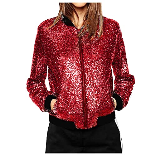 Duohropke Damen Glitzer Pailletten Jacke Hiphop Langarm Bomberjacke Fliegenjacke Bikerjacke Outwear von Duohropke