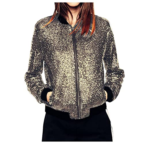 Duohropke Damen Glitzer Pailletten Jacke Hiphop Langarm Bomberjacke Fliegenjacke Bikerjacke Outwear von Duohropke