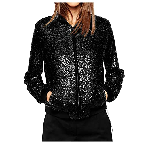 Duohropke Damen Glitzer Pailletten Jacke Hiphop Langarm Bomberjacke Fliegenjacke Bikerjacke Outwear von Duohropke