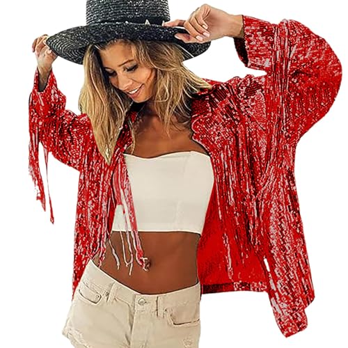 Duohropke Damen Glitzer Pailletten Jacke Hiphop Langarm Bomberjacke Reißverschluss Fliegenjacke Bikerjacke Outwear von Duohropke