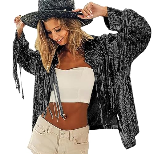 Duohropke Damen Glitzer Pailletten Jacke Hiphop Langarm Bomberjacke Reißverschluss Fliegenjacke Bikerjacke Outwear von Duohropke