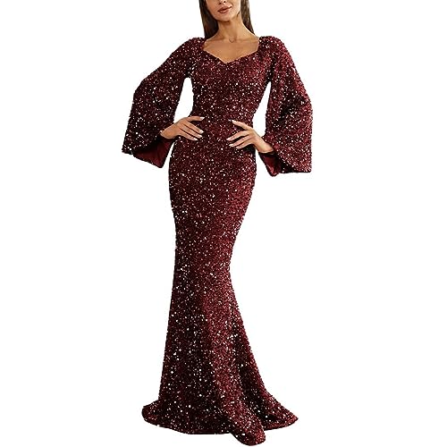 Duohropke Damen Kleider Abendkleid Langarm Paillette Kleid für Frauen Elegant Kleid Meerjungfrau Lange Ballkleid V-Ausschnitt Maxikleider Bodycon Kleid Glitzer Kleid Cocktailkleid von Duohropke