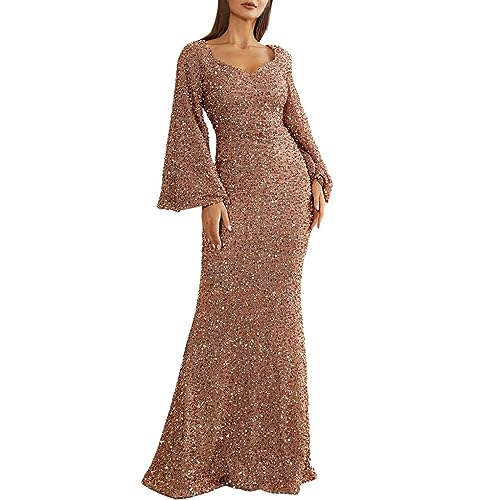 Duohropke Damen Kleider Abendkleid Langarm Paillette Kleid für Frauen Elegant Kleid Meerjungfrau Lange Ballkleid V-Ausschnitt Maxikleider Bodycon Kleid Glitzer Kleid Cocktailkleid von Duohropke