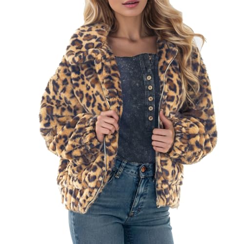 Duohropke Damen Leoparden Mantel Teddy Plush Parka Kunstpelz Mit Tasche Fuzzy Warm Coat Herbst Winter Langarm Winterjacke Frauen Übergroße Outwear Casual Faux Fur Jacke Leo Oversize von Duohropke