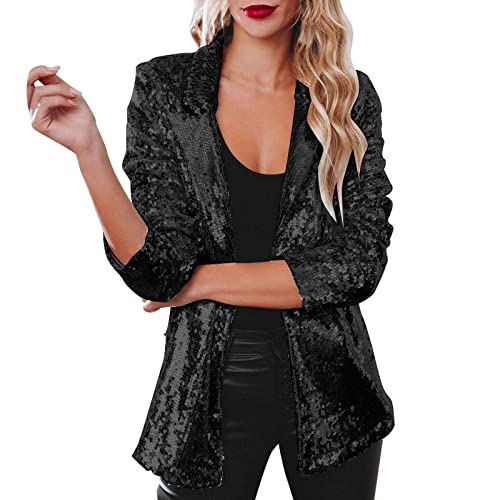 Duohropke Damen Pailletten Blazer mit Glitzer Langarm Bomberjacke Slim Fit Pailletten Jacke Elegant Kurz Sakko Einfarbig Blazermantel Party Outwear Glänzend Jacke von Duohropke