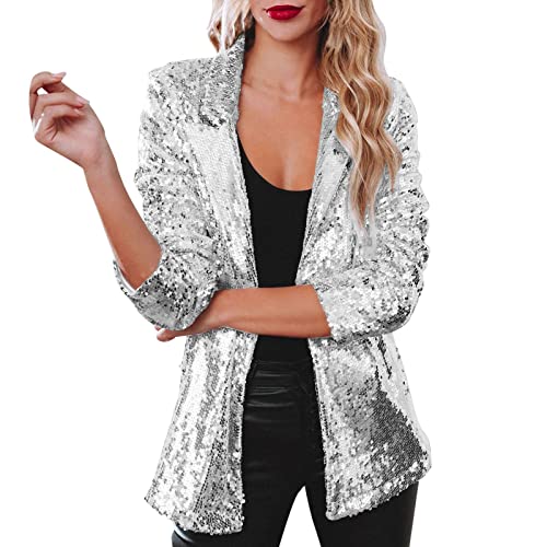 Duohropke Damen Pailletten Blazer mit Glitzer Langarm Bomberjacke Slim Fit Pailletten Jacke Elegant Kurz Sakko Einfarbig Blazermantel Party Outwear Glänzend Jacke von Duohropke