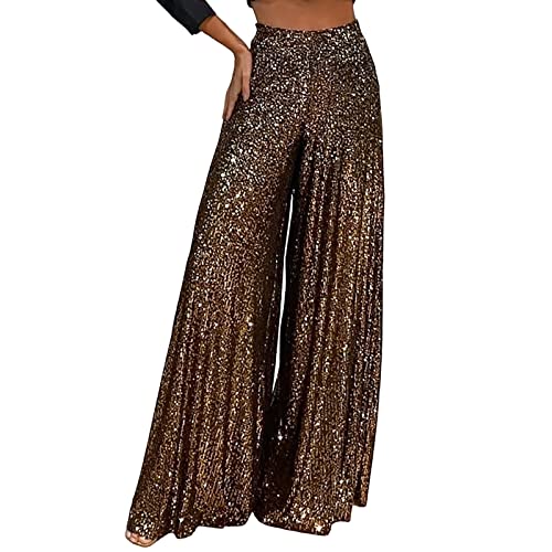 Duohropke Damen Pailletten Hose Mode Hohe Taille Party Glitzer Hose Vintage Clubwear Lange Flared Freizeithose von Duohropke