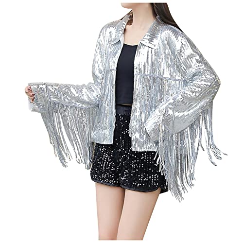 Duohropke Damen Pailletten Quasten Jacke Glitter Lametta Fransensaum Disco Thema Party Mantel Y2k Streetwear Lässige Jacken Outwear von Duohropke