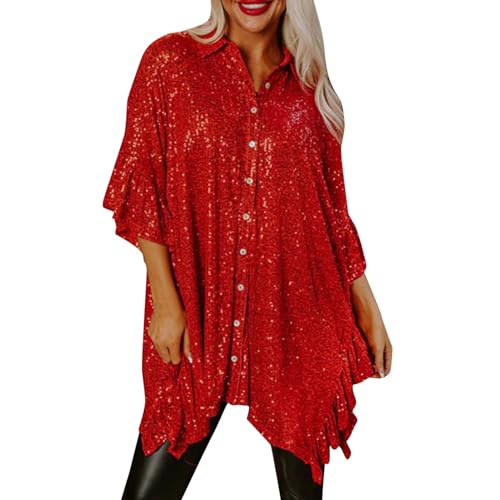 Duohropke Damen Pailletten Sparkle Tops Glitzer Langarm Party Shirt Lose Lässige Bluse Tunika Kragen Dressy Tops T Shirt von Duohropke