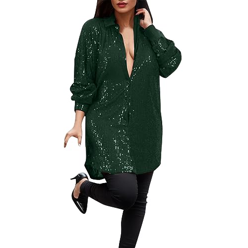 Duohropke Damen Pailletten Sparkle Tops Glitzer Langarm Party Shirt Lose Lässige Bluse Tunika Kragen Dressy Tops T Shirt von Duohropke