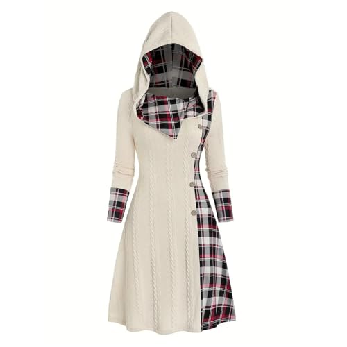 Duohropke Damen Rollkragen Kapuzenpullover Kleid Vintage Kariertes Patchwork Kapuzenkleid Strickpullover Mittellanges Wollkleid Langarm Skaterkleid Partykleid von Duohropke