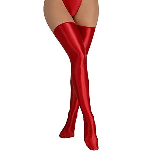 Duohropke Damen Sexy Glanz Lack Leder Strümpfe Wetlook Halterlose Strümpfe Oberschenkel Latex Lange Socken Stockings Overknee Fetisch Dessous Weiß Einheitsgröße von Duohropke