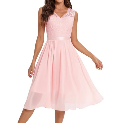 Duohropke Damen Spitzenkleid ärmellos Vorne Kurz Hinten Lang Unregelmäßig Ballkleid Festliche Chiffon Kleider mit Rundhalsausschnitt Neckholder Kleider von Duohropke