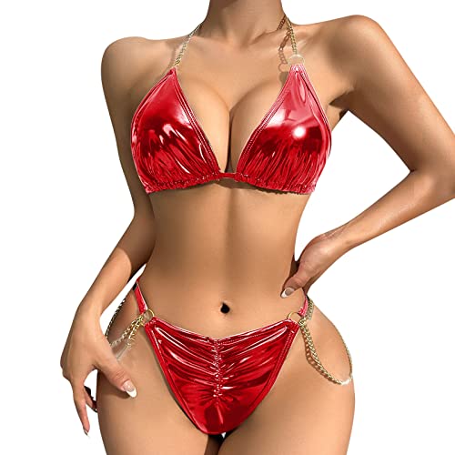 Duohropke Damen Wetlook Bikini Set Ouvert Strings Briefs Lack Leder Hebe BH Büstenhebe Reizwäsche Brustfrei Erotik Dessous Set Unterwäsche von Duohropke