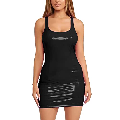 Duohropke Damen Wetlook Bodycon Kleid Neckholder Brustfrei Minikleid Lederkleider Brust Harness PU Leder Halsband mit Kette Erotik Ärmellos Kurz Partykleid von Duohropke