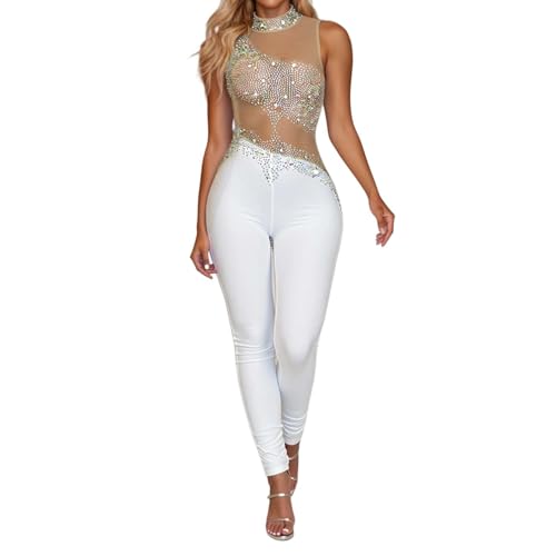 Duohropke Dessous Damen Bodysuit Durchsichtig Strass Bodycon Off Shoulder Onesie Mesh Cut Out Jumpsuit Lose Blumekleid Maxi Kleid Clubwear Unterwäschen Reizwäsche Netz Strumpfhose Abendkleid von Duohropke