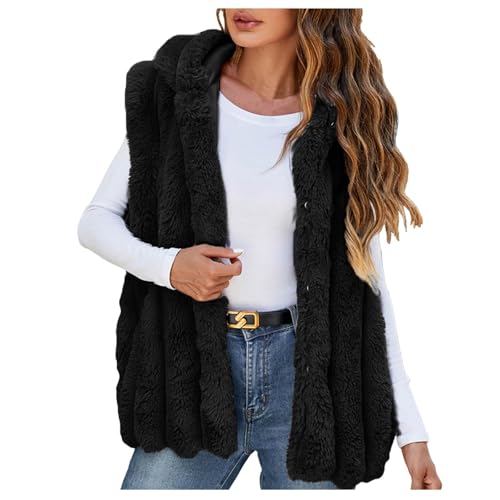 Duohropke Fleeceweste Damen Einfarbig Teddy Fleece Weste Ärmellos Teddyjacke Hoody Plüschweste Mittellang Winterweste Flauschig Warm Herbstjacke Kuschelige Wintermantel Pelzweste Cardigan von Duohropke