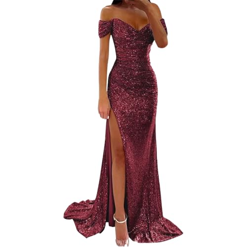 Duohropke Frauen Meerjungfrau Kleid Brautjungfernkleider Plissiert Rückenfrei Formelle Abendkleider Elegant V-Ausschnitt Cocktailkleid Off Shoulder Abendkleid von Duohropke